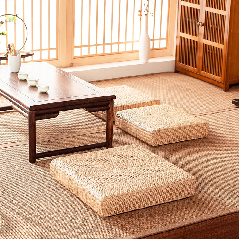 Natural Straw Square Pouf Tatami Cushion Floor Cushions Meditation Yoga Mat Chair Cushion Japanese Style Cushion 40Cm 45Cm 50Cm