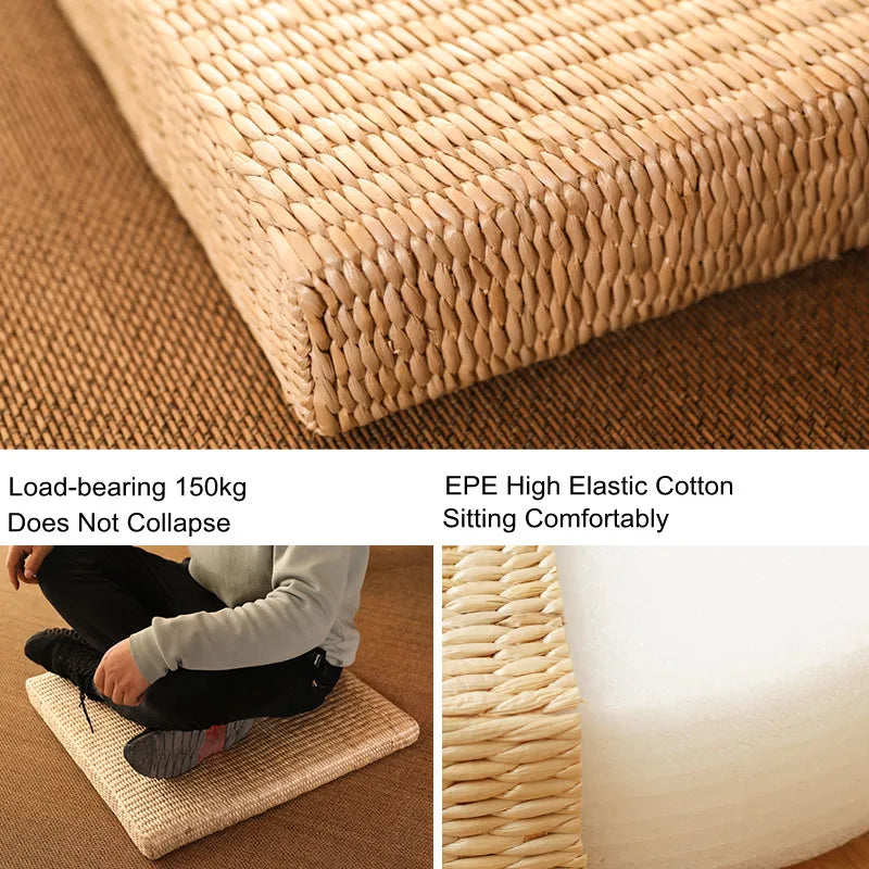 Natural Straw Square Pouf Tatami Cushion Floor Cushions Meditation Yoga Mat Chair Cushion Japanese Style Cushion 40Cm 45Cm 50Cm